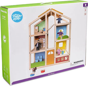 PIDOKO KIDS Skylar Wooden Dollhouse - Includes 20 Pcs Furniture Accessories, 5 Family Dolls and a Pet Dog - Wood Doll House for 3 4-5 Year Old Girls & Boys