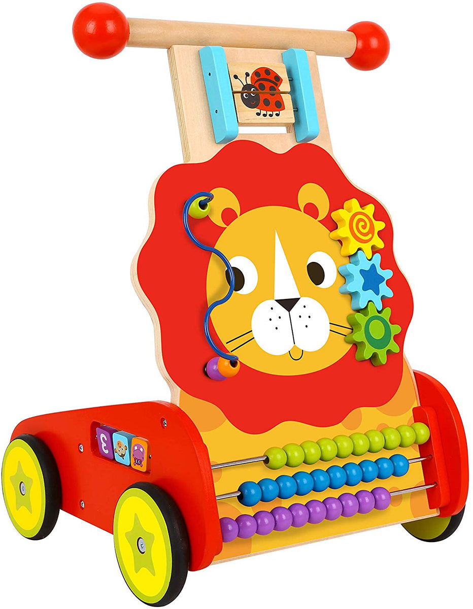 Pidoko Kids Lion Baby Walker Cart with Wheels - Wooden Activity Center Push and Pull Toy - for 1 Year Old and Up