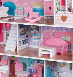 Pidoko Kids Wooden Dollhouse - Includes 12 Pcs Furniture Accessories