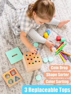 Pidoko Kids Montessori Toys for 1 Year Old - Wooden Object Permanence Box, Coin Drop, Color and Shape Sorter Top | Baby Toys 12-18 Months - 1st Birthday Gifts Boy Girl - Learning Toys for 1+ Year Old