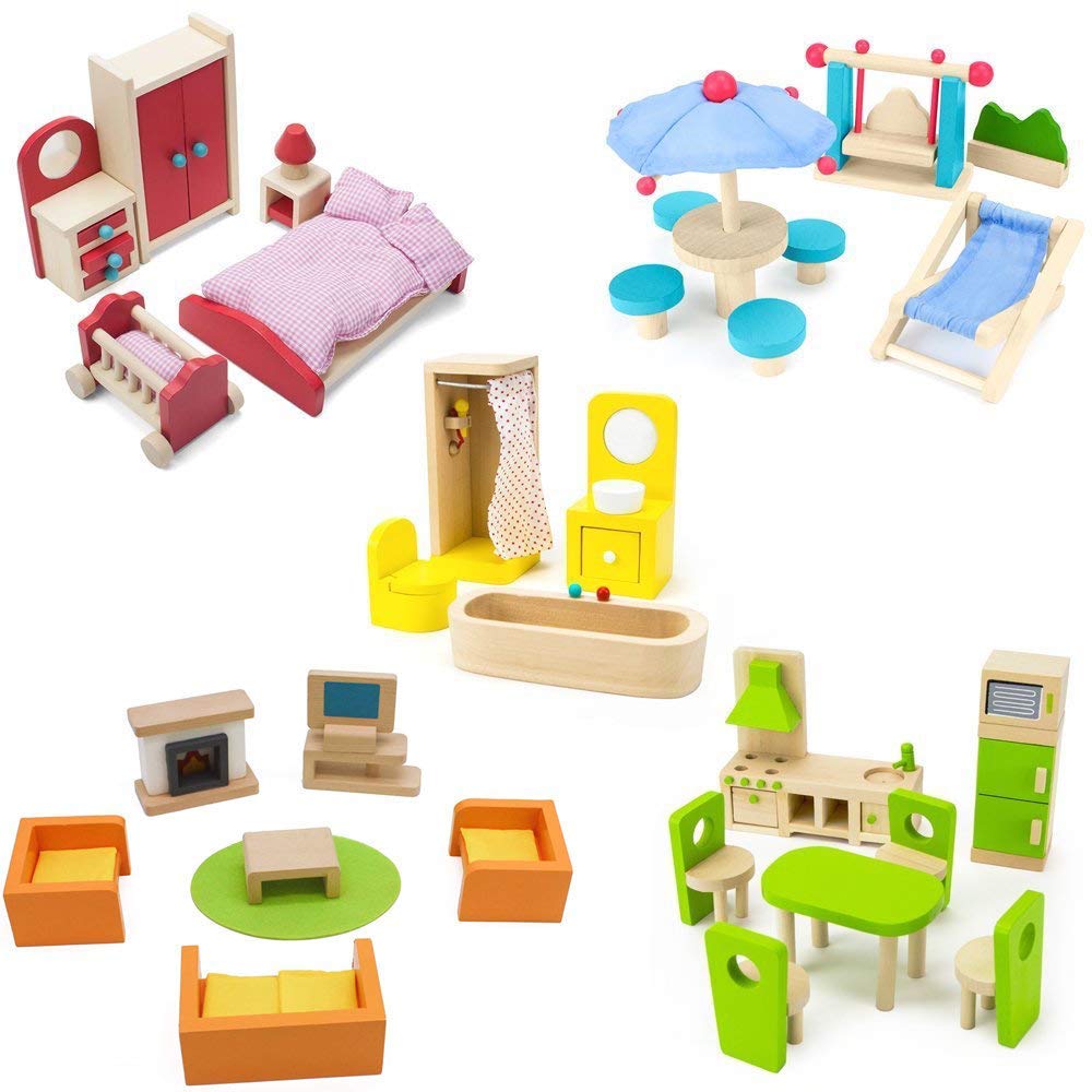 Wooden Dollhouse Furniture Set (42 Pcs) - 5 Rooms Fully Furnished Bundle