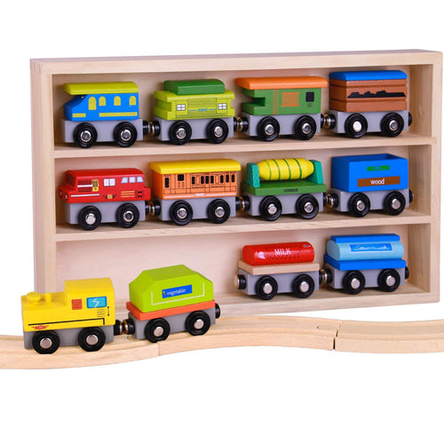 Wooden Train Set - 12 Pcs Engines Cars - Compatible with Thomas Train Set Tracks and Major Brands