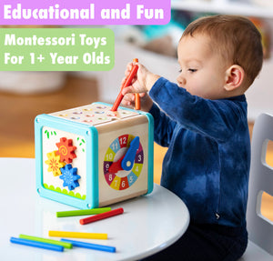 Pidoko Kids Montessori Toys for 1 Year Old | 10-in-1 Wooden Activity Cube - Includes First Words Book, Stacking Cups and Gift Box