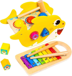 Baby Shark Montessori Hammering & Pounding Toys for Toddlers -Xylophone & Shape Sorter Blocks - Learning Wooden Toys for 1 Year Old Gifts, by Pidoko Kids