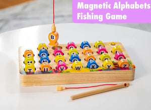 Baby Shark Wooden Magnetic Fishing Game - Fine Motor Skills Toy, Montessori Letters Learning with 2 Poles, by Pidoko Kids