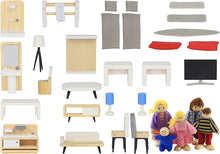 Wooden Dollhouse Furniture (33 Pcs) and 5 Family Dolls - DIY Accessories - Kitchen, Bathroom, Living Room, Bedroom