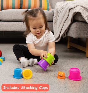 Pidoko Kids 1 Year Old Boy Girl Gifts - Wooden Baby Walker - Includes Stacking Cups, Dinosaur Themed Blocks and a Book