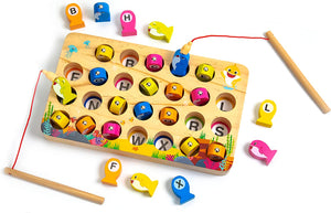 Baby Shark Wooden Magnetic Fishing Game - Fine Motor Skills Toy, Montessori Letters Learning with 2 Poles, by Pidoko Kids