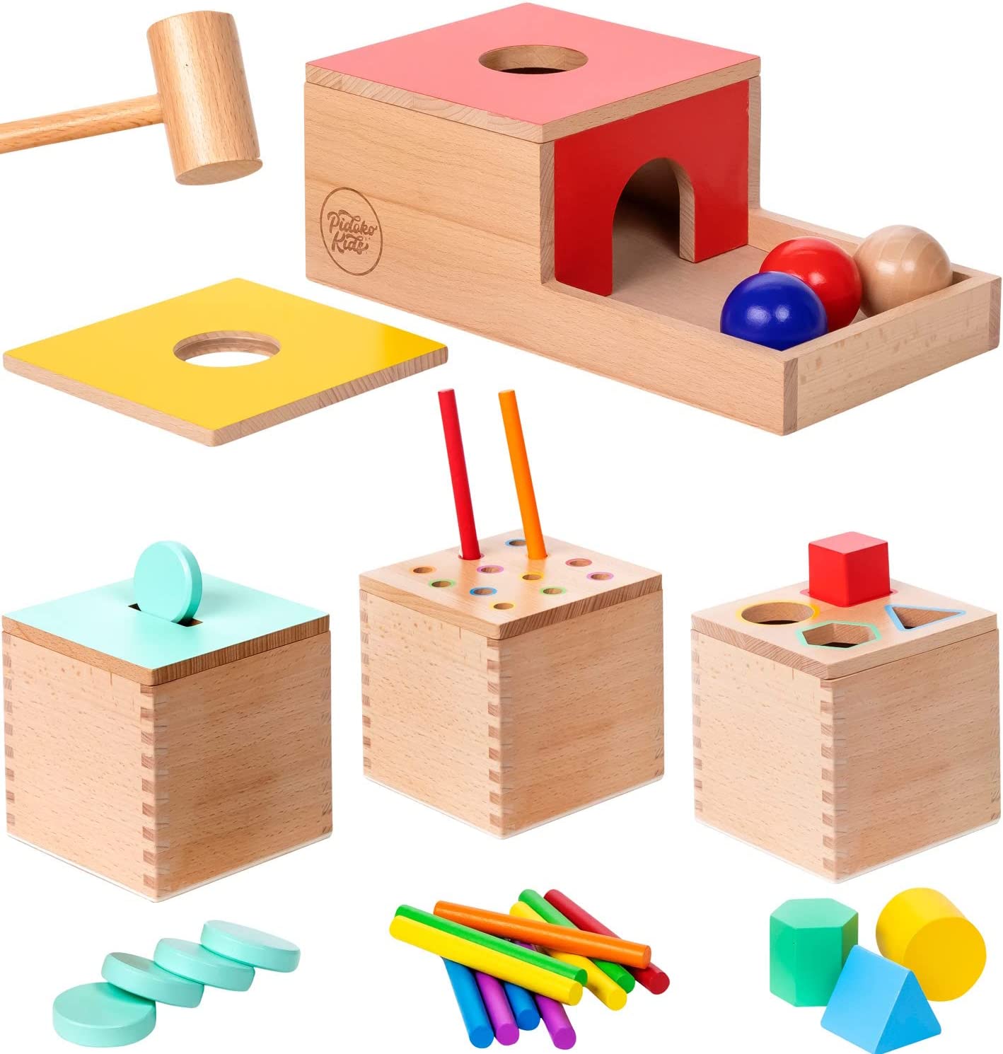 Pidoko Kids Montessori Toys for 1 Year Old - Wooden Object Permanence Box, Coin Drop, Color and Shape Sorter Top | Baby Toys 12-18 Months - 1st