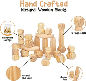 Jumbo 30 Pcs Wooden Stacking Balance Stone Blocks - Natural Pine Wood Stacking Rocks - with Storage Container