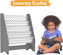 Pidoko Kids Bookshelf, Grey with Chevron | Wooden Children's Sling Bookcase with Pocket Storage Book Rack - Canvas Gray