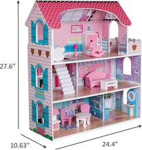 Pidoko Kids Wooden Dollhouse - Includes 12 Pcs Furniture Accessories