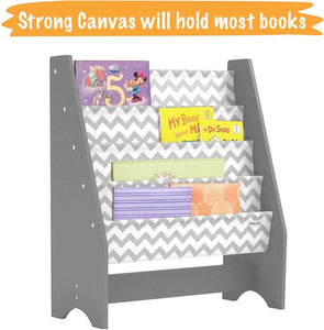 Pidoko Kids Bookshelf, Grey with Chevron | Wooden Children's Sling Bookcase with Pocket Storage Book Rack - Canvas Gray