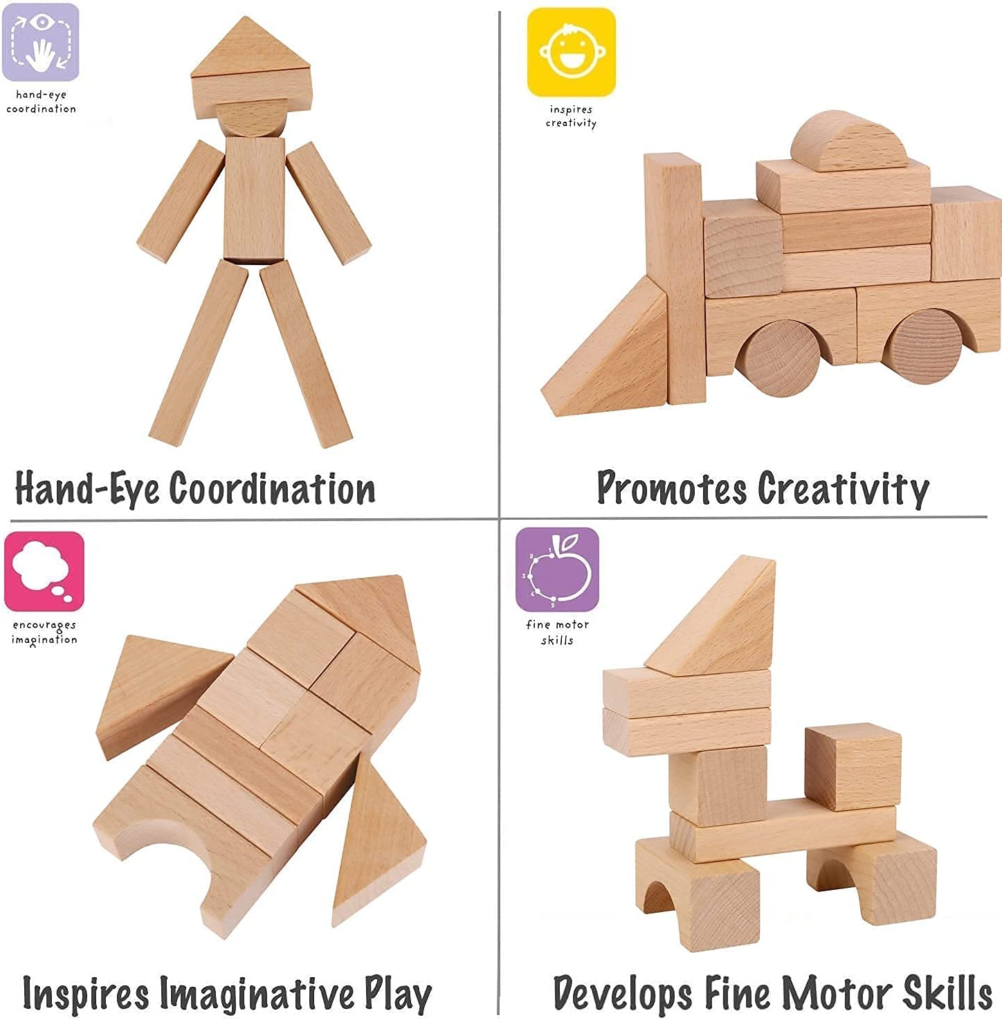 Wooden Building Blocks Set - 100 Pcs - Natural Beech Wood - Stacking B –  Pidoko Kids