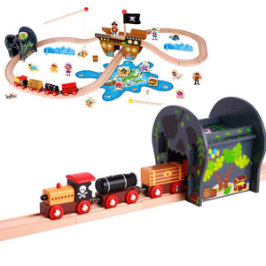 Pirate Theme Wooden Train Set - 72 Pcs - Includes Magnet Fishing Pole