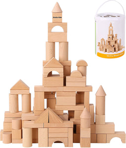 Wooden Building Blocks Set - 100 Pcs - Natural Beech Wood - Stacking Blocks with Storage Container