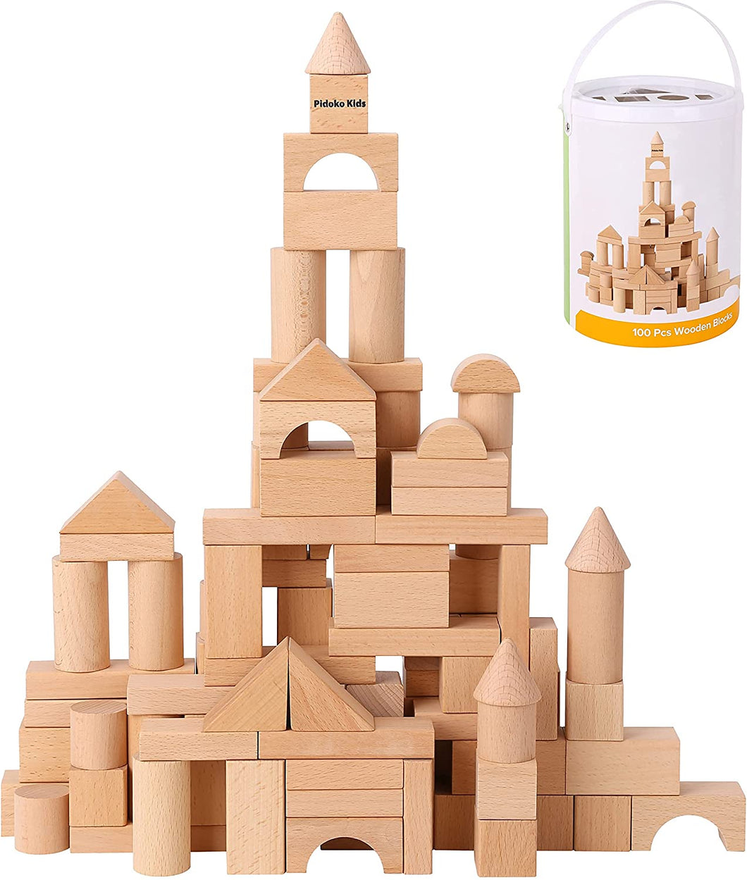 Wooden Building Blocks Set - 100 Pcs - Natural Beech Wood - Stacking Blocks with Storage Container