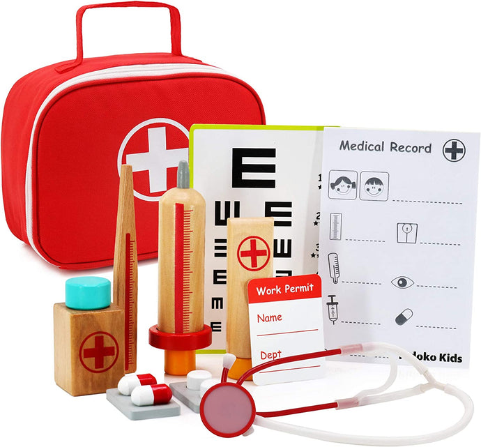 Wooden Doctors Kit Play Set includes 11 accessories